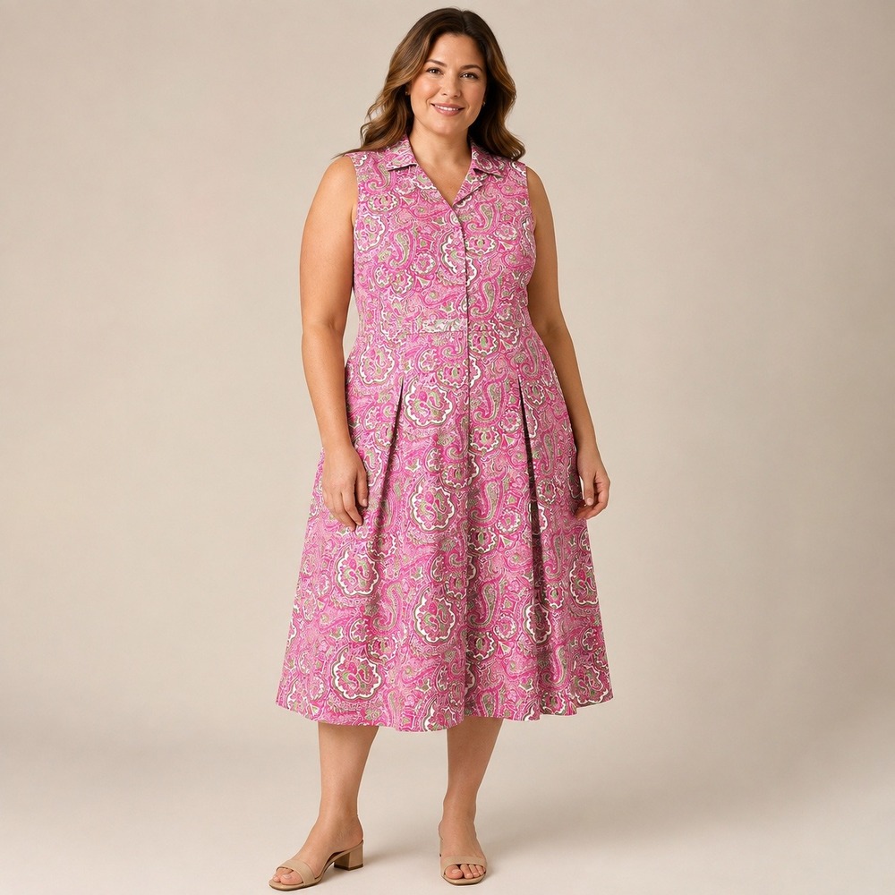Talbots Paisley Shirtdress Woman 18W Pink Sleeveless Pleated Preppy Garden Party